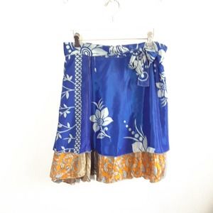 Indian Sari Mini Wrap Skirt Blue Orange Reversible - Small Medium Large XL *flaw